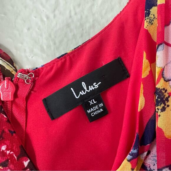 Lulu’s Red Radiant Ruby Floral Chiffon Asymmetrical Dress Size XL - Picture 7 of 7